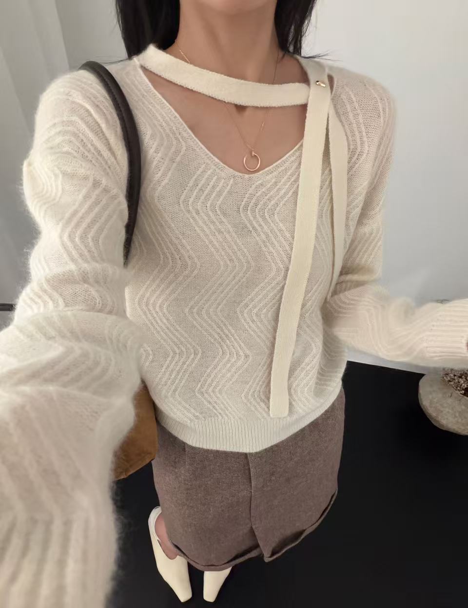 显瘦V领飘带羊毛羊绒针织衫毛衣