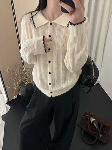 翻领镂空羊绒羊毛针织开衫女外套