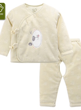拉比秋冬新品 LQFAV20102趣味萌熊开裆斜衿服套装婴儿套装全开肩