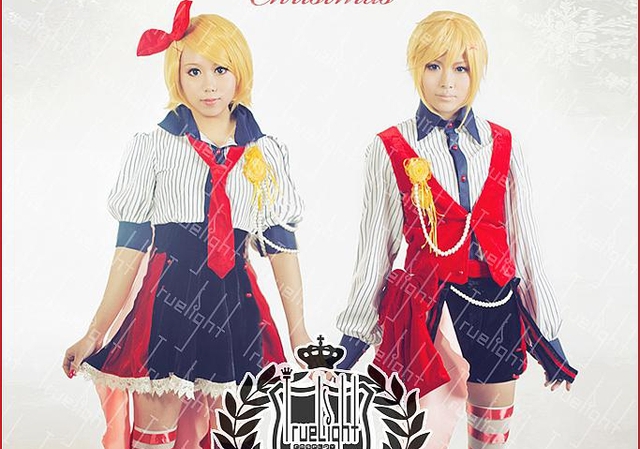 真人实拍镜音双子cosplay姐弟V家铃连RINLEN圣诞游乐园同人礼服装