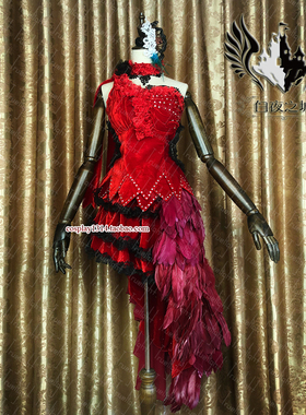 白夜之城cosplay偶像大师速水奏ssr红色羽毛礼服裙子华丽原版定做