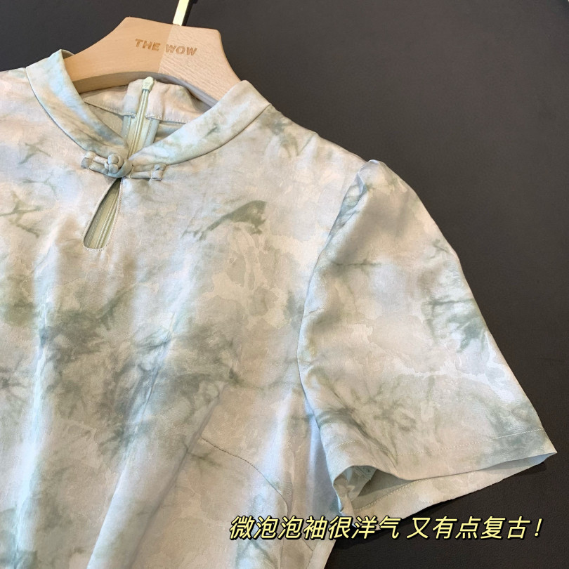 夏季新款新中式旗袍优雅气质顺滑双面提花后开叉立领盘扣连衣裙子