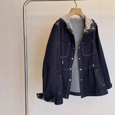 早春抽绳收腰连帽牛仔短款外套