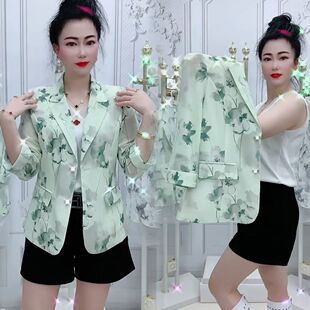 夏季新款花卉西服领网纱防晒气质百搭修身显瘦女士外搭洋气减龄款