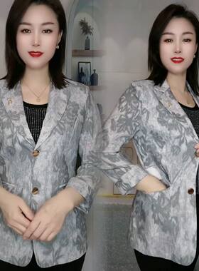 薄款亚麻西装女2025夏季新款小个子中年九分袖印花小西服灰色外套