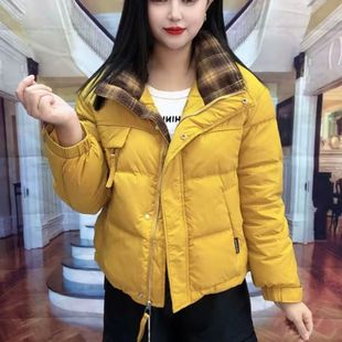 时尚格子黄色拼接短款羽绒服2025新款洋气显瘦百搭保暖小个子外套