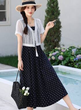 夏季时尚波点吊带连衣裙搭开衫两件套里外套裙减龄女高级感气质