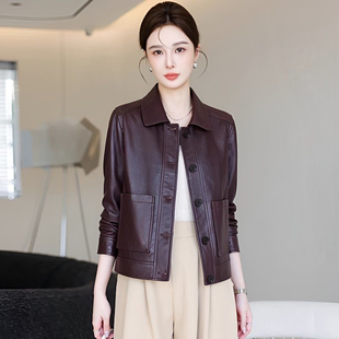 新品 皮衣女2025春秋季 皮夹克翻领显瘦小个子短外套 短款 海宁正品