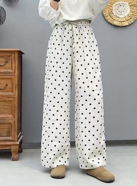 100%纯亚麻女夏季薄款宽松显瘦休闲时尚百搭波点直筒棉麻九分长裤