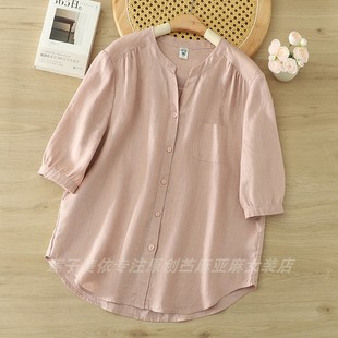 夏装 宽松休闲韩版 棉麻上衣 简约衬衫 100纯亚麻百搭纯色V领大码