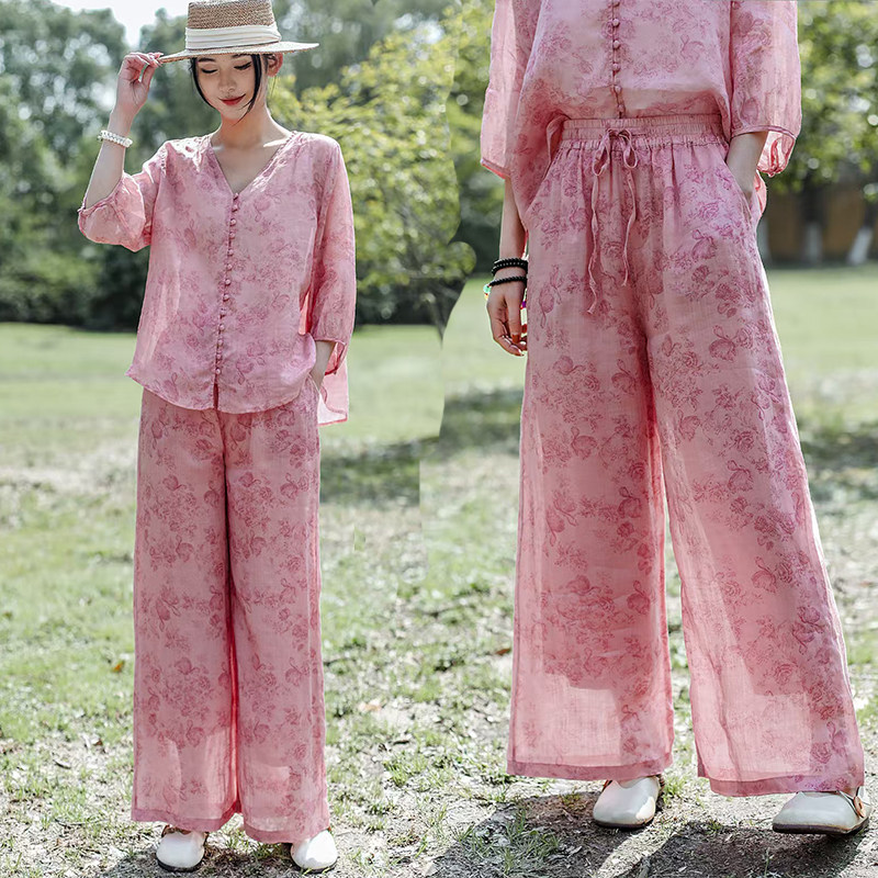 莲子家纯苎麻时尚套装新中式风中国风上衣休闲开衫女装宽松国风裤