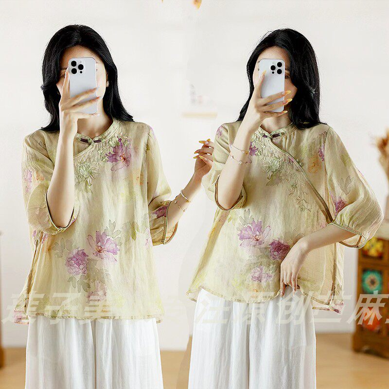 100%纯苎麻刺绣女五分袖薄夏季苎麻中式短衬衫禅意衬衫复古中国风