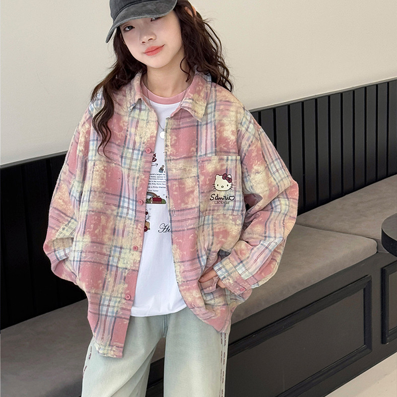 女童扎染格子衬衫2026新款秋装儿童洋气卡通外套春秋女大童上衣薄图片
