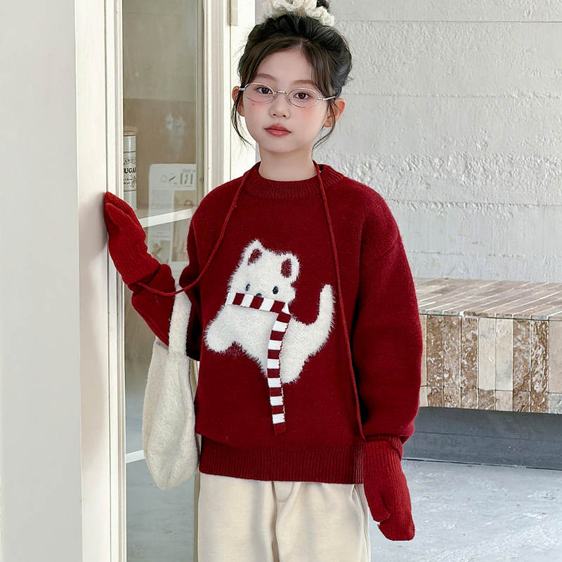 女童毛衣大童红色针织打底衫加厚毛线衣儿童保暖内搭洋气上衣冬装