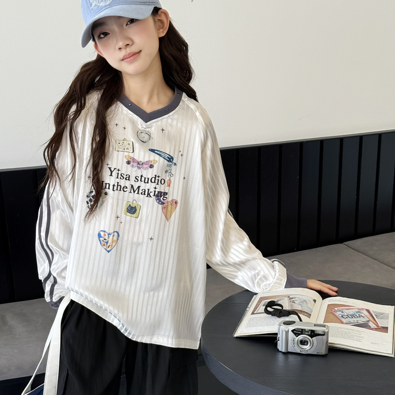 女童长袖T恤2025秋装新款儿童春秋运动风V领上衣大童洋气时髦潮t