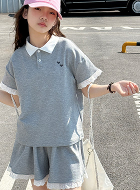 女童运动套装2026夏装新款儿童韩系蕾丝边polo两件套夏季时髦衣服