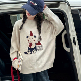 新款 2025秋冬装 女大童可爱小熊上衣潮 女童毛衣儿童针织打底衫 童装