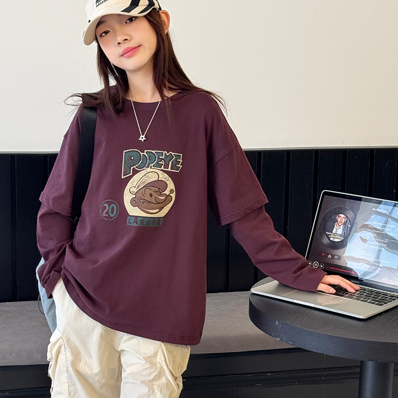 【清仓】女童长袖T恤假两件春秋儿童宽松卡通打底衫春秋童装上衣