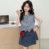夏薄款 女童衬衫 女宝超好看出洋气时髦儿童无袖 格子衫 t恤2026新款