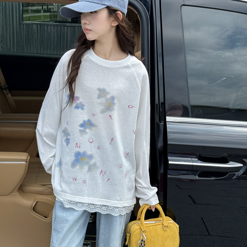 女童长袖T恤2025秋装新款儿童花边晕染宽松上衣女大童春秋打底衫