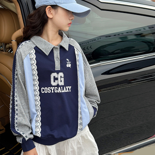 女童春装卫衣2026新款儿童学院风撞色蕾丝上衣polo衫大童春秋衣服