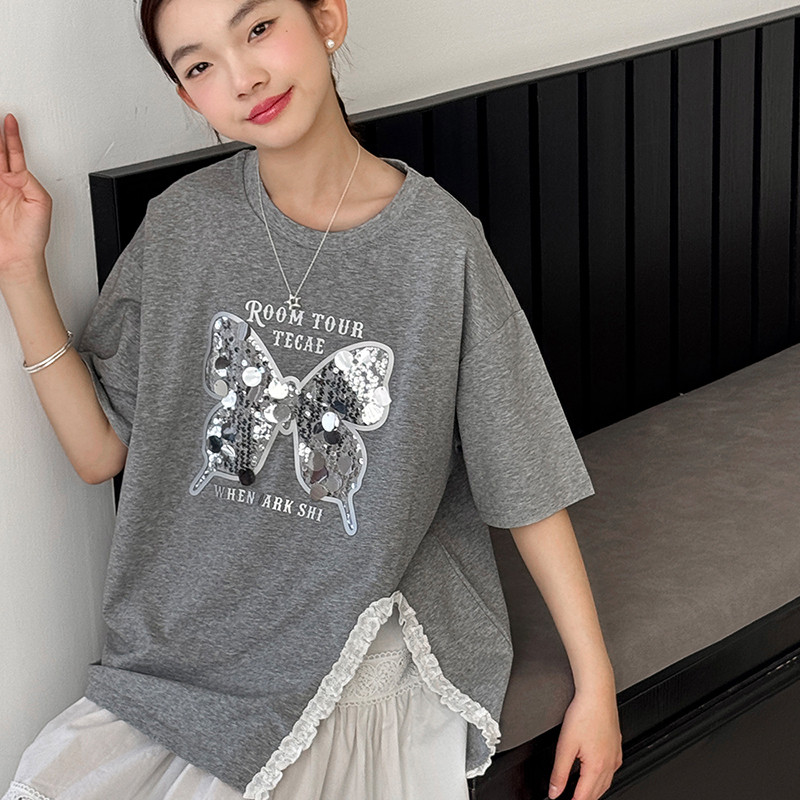 女童短袖T恤2026夏装新款儿童蝴蝶结亮片上衣大童花边开叉打底衫t