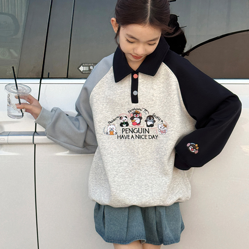 女童秋装polo领卫衣2025新款儿童插肩袖上衣春秋款大童洋气衣服潮