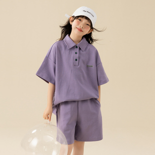 女童短袖t恤套装2026夏季新款polo衫两件套中大童紫色短裤初中生