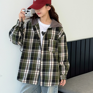 女童格子衬衫2026春装新款儿童韩系宽松连帽上衣大童春秋帽衫外套