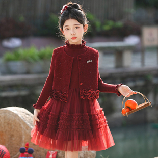 2025新款 套装 大童洋气时髦小香风红色冬裙 冬装 女童连衣裙新年服装