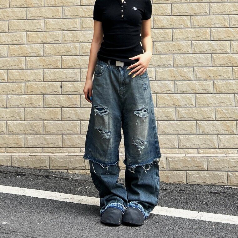 重磅脏染双层叠穿设计直筒牛仔裤男女款破洞高街hiphop阔腿乞丐裤