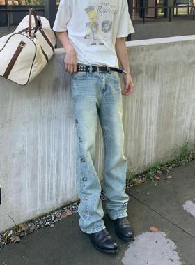 美式浅蓝色直筒牛仔裤男秋冬新款宝石钉珠设计小众百搭阔腿拖地裤