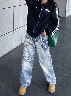 美式高街个性日常3D破坏打印设计感牛仔裤男女情侣阔腿直筒长裤子