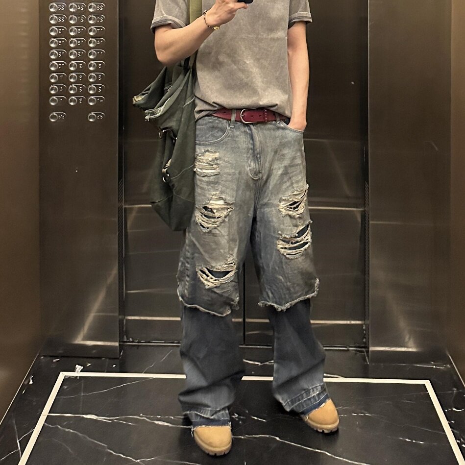美式高街重工水洗双层破洞牛仔裤男小众潮款垂感直筒乞丐裤秋冬季