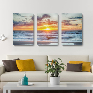 日出大海装饰画三联副大海风景海浪沙滩酒店公寓组合挂画无框画