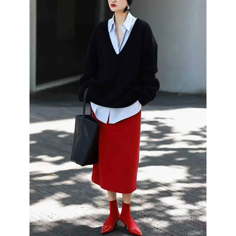 巨好看流行穿搭套装女20205新款黑色毛衣白色衬衫红色半裙三件套,女装/女士精品,大码套装,淘宝优惠券,粉丝福利购,淘宝优惠卷