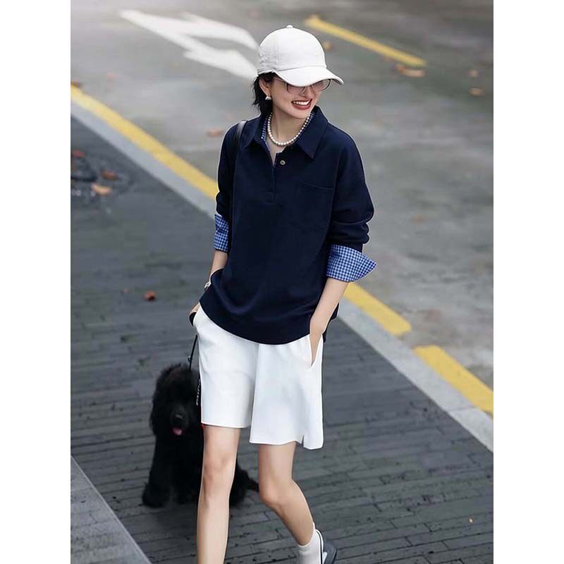 2026夏季新款时尚运动风套装藏蓝色翻领卫衣蓝格衬衫长袖白色短裤