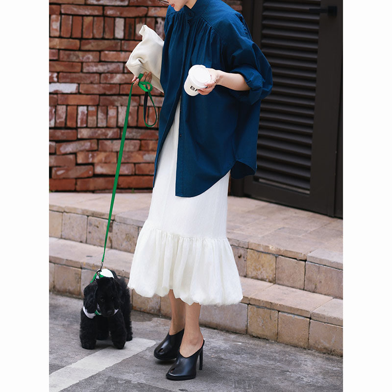 休闲大方潮流精致穿搭套装藏青色衬衫白色莱赛尔天丝花苞裙两件套,女装/女士精品,大码套装,淘宝优惠券,粉丝福利购,淘宝优惠卷