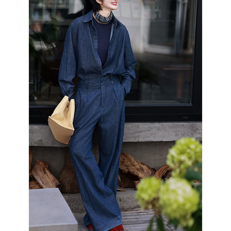 今年超流行休闲穿搭一整套2026新款牛仔蓝长袖上衣同色长裤两件套