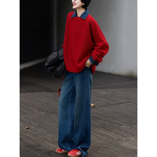 休闲大方流行穿搭套装2026新款红色毛衣蓝色衬衫同色牛仔裤三件套