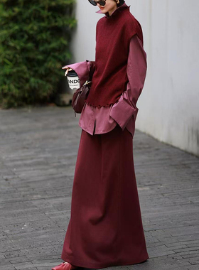 老钱风时尚套装冬季高级感红色针织马甲开衫外套半身裙气质一整套