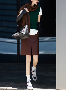 松弛感县里穿搭套装2026新款绿色马甲白色短袖咖色半身短裙三件套