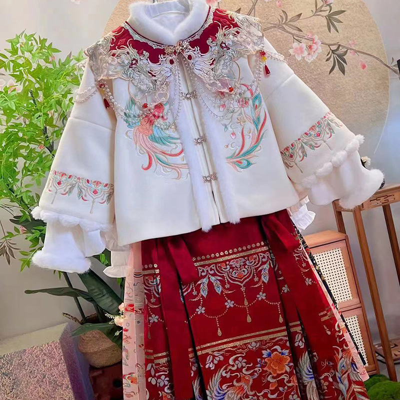 EYAS女童加绒汉服套装秋冬2023新款中国风加绒外套马面裙两件套