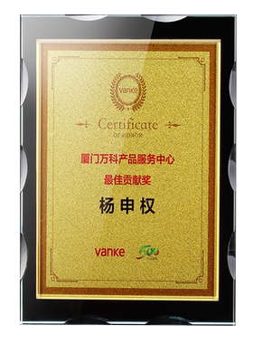 水晶荣誉牌匾金箔奖杯定制定做