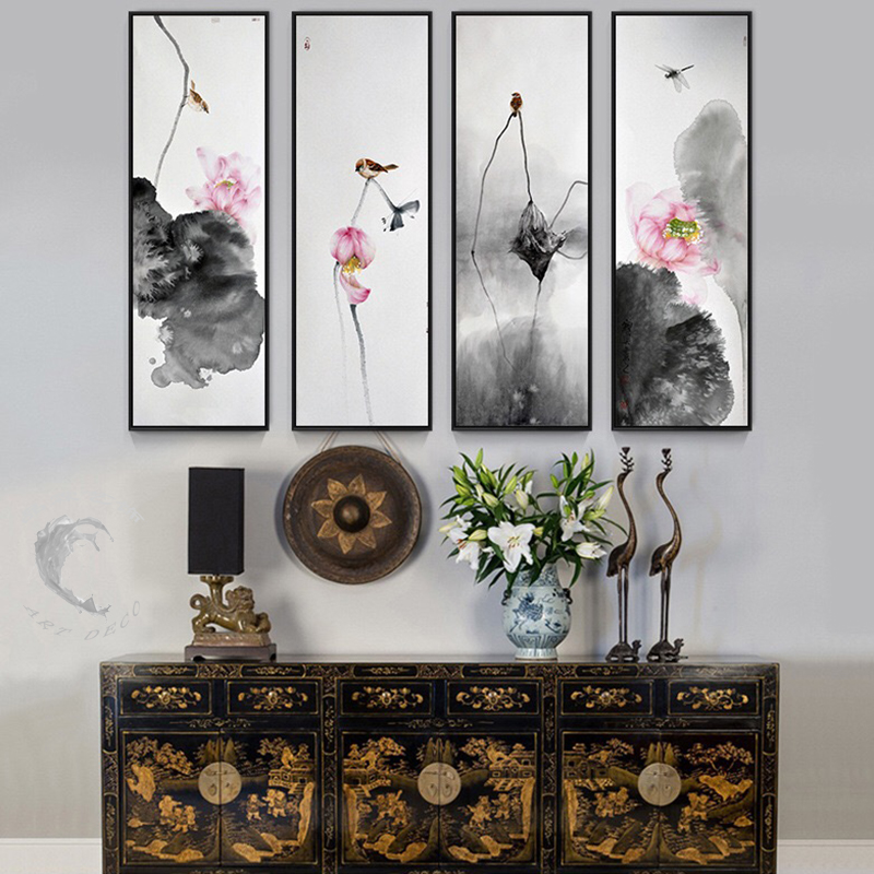 新中式水墨画荷花装饰画客厅背景墙卧室书房过道玄关挂酒店壁画图片