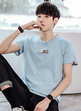 宽松t恤男短袖纯棉青年学生圆领韩版半袖打底衫ins印花t恤男