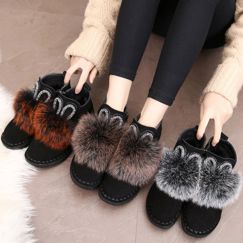 雪地靴女平底狐狸毛球鞋棉鞋真皮女冬季百搭可爱加绒保暖短筒靴子,女鞋,时装靴,淘宝优惠券,粉丝福利购,淘宝优惠卷