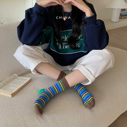 袜子拼接条纹女棉质中筒潮流ins