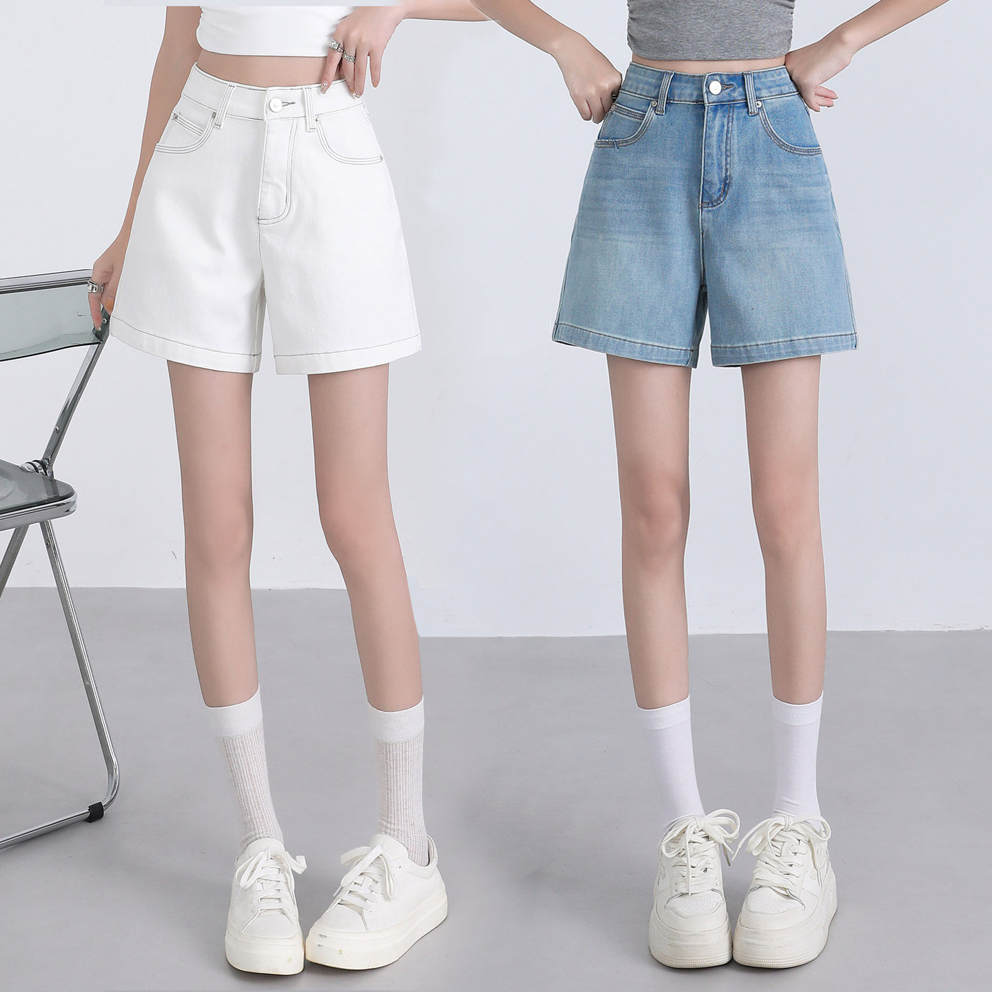 2026新款夏季薄款高腰弹力白色牛仔短裤女宽松显瘦外穿直筒五分裤