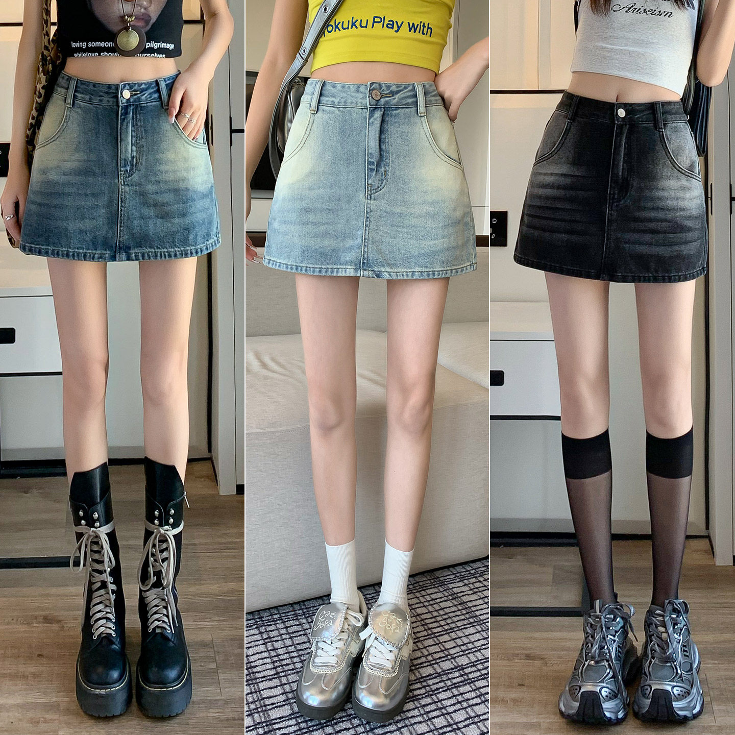 新款春高腰防走光牛仔短裙女半身裙小个子梨型身材遮跨显瘦a字裙